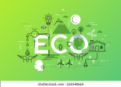 Creative infographic banner with elements in thin line style. Environmental protection, efficient consumption and home green technology concept. Vector illustration for presentation, brochure, header.