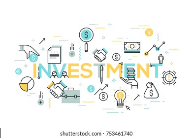 Creative Infographic Banner With Elements In Thin Line Style. Investment, Deal Making, Money Earning And Saving, Financial Profit. Modern Vector Illustration For Advertisement, Header, Website.