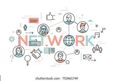 Creative infographic banner with elements in thin line style. Concept of teamwork, business networking, international cooperation, work in multinational team. Vector illustration for website, poster.