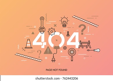 Creative infographic banner with elements in thin line style. Concept of website under construction, webpage maintenance, error 404, page not found message, technical problem. Vector illustration.