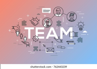 Creative infographic banner with elements in thin line style. Concept of teamwork, business networking, international cooperation, work in multinational team. Vector illustration for website, poster.