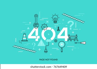 Creative infographic banner with elements in thin line style. Concept of website under construction, webpage maintenance, error 404, page not found message, technical problem. Vector illustration.