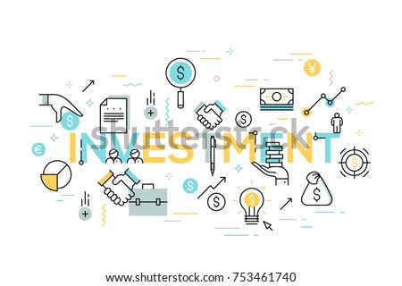 Creative infographic banner with elements in thin line style. Investment, deal making, money earning and saving, financial profit. Modern vector illustration for advertisement, header, website.