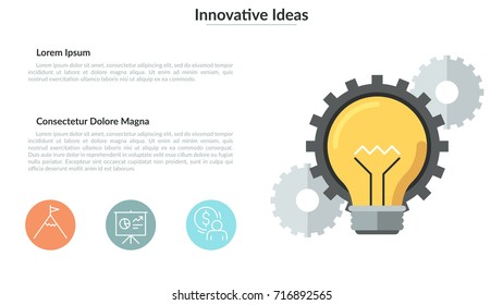 Creative infographic banner template with glowing light bulb, gear wheels, thin line icons and place for text. Concept of innovative ideas and creativity. Modern vector illustration for website.