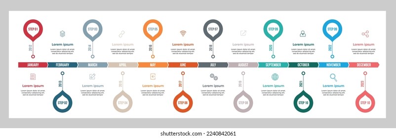 Kreative Infografik Business Timeline Design mit 12 Schritten. Farbige Vorlage für die Vektorgrafik-Zeitlinie