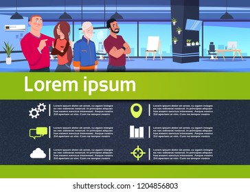 creative infographic communication business team in office embrace businesspeople relationship concept, flat, vector illustration