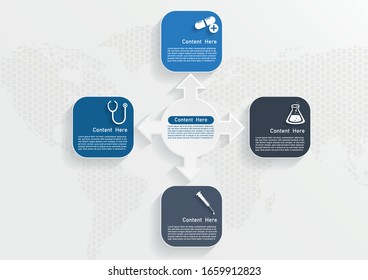 Creative infographic design layout with 4 arrows pointing away from central element and numbered text boxes. Four problem solutions concept. Vector illustration in thin line style for presentation.