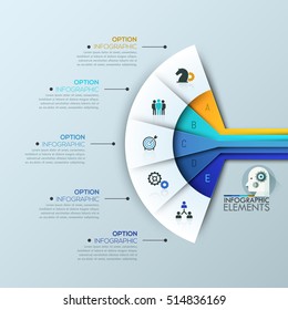 Creative infographic design layout: 5 connected sectoral lettered elements and text boxes. Fan chart. Features of business project, steps to success concept. Vector illustration for presentation.