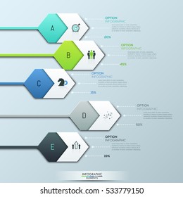 Creative infographic design layout. 5 hexagonal lettered elements and pictograms connected with text boxes by dotted lines. Percentage of company business processes. Vector illustration for report.