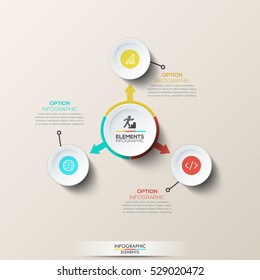 Creative infographic design layout: circular diagram with main central element and arrows pointed at 3 circles with pictograms. Software development and program coding options. Vector illustration.