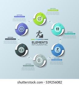 Creative infographic design layout, round diagram with 6 circular elements connected by chain, pictograms and text boxes. Features of work cycle activities. Vector illustration for report, website.