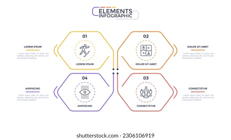 Creative infographic design template, 4 hexagon text boxes with pictograms. SWOT-analysis. Strengths, weaknesses, threats and opportunities of company. Vector illustration for presentation, report.