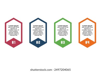 Creative infographic design template with 4 hexagonal elements, arrows, colorful 
circles and hexagon space for text boxes
