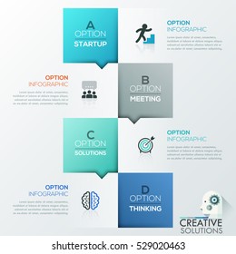 Creative infographic design template: 4 lettered squares and text boxes arranged chequerwise. Four steps to startup success. Vector illustration for corporate website, presentation, brochure, report.