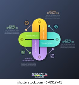 Creative infographic design template with 4 multicolored chain links connected together, thin line icons and text boxes. Four qualities of business project concept. Vector illustration for brochure.
