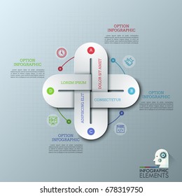 Creative infographic design template with 4 multicolored chain links connected together, thin line icons and text boxes. Four qualities of business project concept. Vector illustration for brochure.