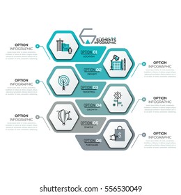 Creative Infographic Design Template With 6 Hexagonal Elements, Arrows And Text Boxes. Six Steps Of Business Project Development Concept. Vector Illustration For Brochure, Report, Corporate Website.