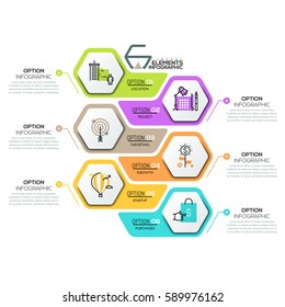 Creative infographic design template with 6 hexagonal elements, arrows and text boxes. Six steps of business project development concept. Vector illustration for brochure, report, corporate website.