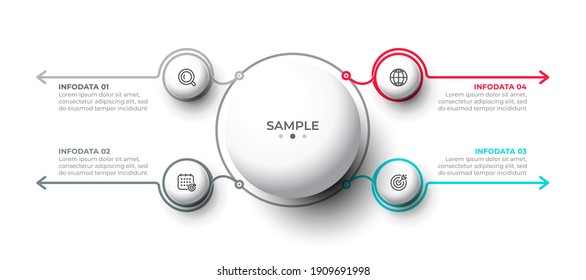 Plantilla de diseño de infografía creativa con elementos de línea delgada y de círculo. Concepto de negocio con 4 opciones, pasos o partes.