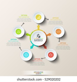 Plantilla de diseño gráfico creativo: diagrama circular con círculo central y flechas apuntando a 5 elementos redondos. Cinco pasos de desarrollo front-end y prueba de código de programa. Ilustración vectorial.