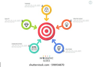 Creative Infographic Design Template. Flower Petal Diagram With 5 Round Elements And Arrows Pointing At Shooting Target In Center. Five Ways To Achieve Great Results Concept. Vector Illustration.