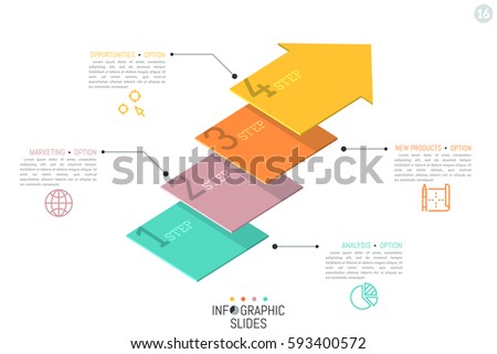 Creative infographic design template. Four numbered elements in shape of flat arrows placed one above other. 4 steps to business project completion concept. Vector illustration for presentation.