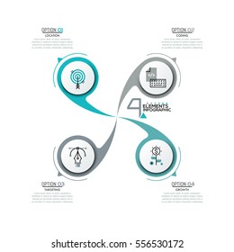 Creative infographic design template, round diagram with 4 circular elements placed around center, pictograms and text boxes. Four steps of software development. Vector illustration for presentation.