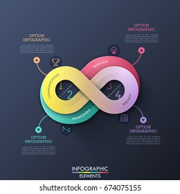 Creative infographic design template in shape of infinity sign with 4 options, thin line symbols and text boxes. Concept of infinite business process. Vector illustration for presentation, brochure.