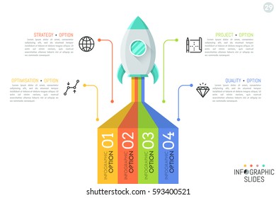 Creative infographic design template. Spaceship taking off on mission, 4 elements connected with icons and text boxes. Four features of startup launch concept. Vector illustration for presentation.