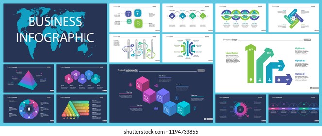 Creative infographic diagrams with geometric elements for project management concept. Can be used for business project, annual report, web design. Process chart, option chart, flowchart, donut diagram