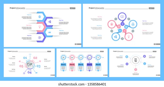 Creative infographic diagrams with geometric elements for project management concept. Can be used for business project, annual report, web design. Process chart, option chart, flowchart, donut diagram
