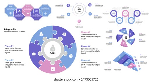 Creative infographic diagrams with geometric elements for project management concept. Can be used for business project, annual report, web design. Process chart, option chart, flowchart, donut diagram