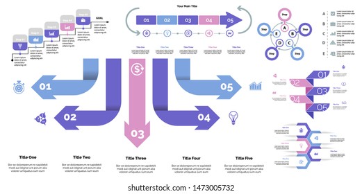 Creative infographic diagrams with geometric elements for project management concept. Can be used for business project, annual report, web design. Process chart, option chart, flowchart, donut diagram