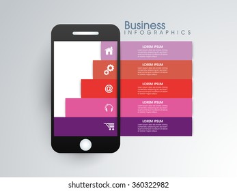 Creative infographic papers with web symbols on smartphone screen for Business purpose.