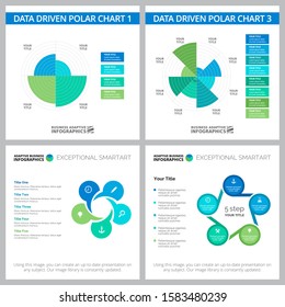 Creative infographic set for annual report, web design, business project, presentation slide template. Statistics, strategy, management concept. Radar, cycle, process charts