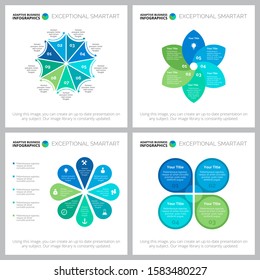 Creative infographic set for web design, marketing report, presentation slide template. Planning, strategy, management concept. Cycle, process, petal charts