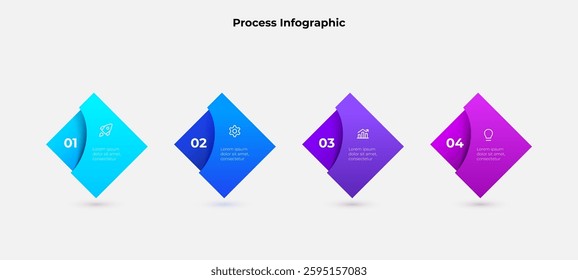 Creative infographic showcasing numbered steps with gradient shaded diamond shapes and icons on a clean background, ideal for process visualizations and data presentations