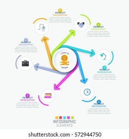Creative infographic template - 6 multicolored spiral arrows pointing out of center, pictograms and text boxes. Six steps of digital design creation process concept. Vector illustration for website.
