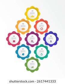 Creative infographic template with 9 steps, options, parts or processes. Presentation of teamwork or business processes.