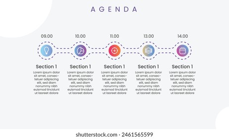 Kreative Infografik-Vorlage. Agenda Business-Pitch-Deck mit Symbol und Sitzung