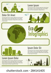 Kreatives Infografik-Template-Layout mit Stadtansicht und Illustration eines Globus für Ökologie-Konzept.
