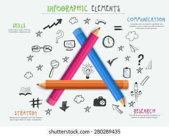 Creative infographic template layout with shiny colorful pencils and various elements for your business.