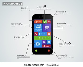 Creative Infographic Template Layout With Smartphone Presentation, Showing Various Mobile Application And Features.