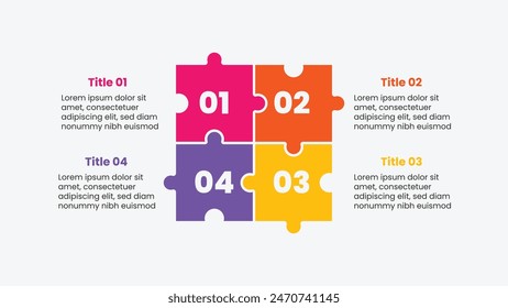 Creative infographic template with puzzle shape. Multicolor business presentation. 4 options flowchart process for pitch deck.