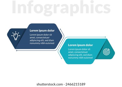 Plantilla de infografía creativa que muestra un concepto de negocio de 2 pasos. Incluye iconos y etiquetas para una comunicación clara en presentaciones, informes y Diseños web.