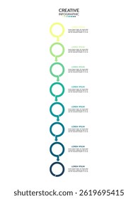 Creative infographic template showing a vertical flow of eight connected squares with gradient colors from light green to dark blue, each with space for text. Ideal for presenting sequential steps.