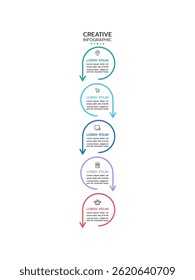Creative infographic template showing a vertical flow of five connected circles with a subtle gradient from teal to pink. Each circle contains an icon and text area, connected by downward arrows.