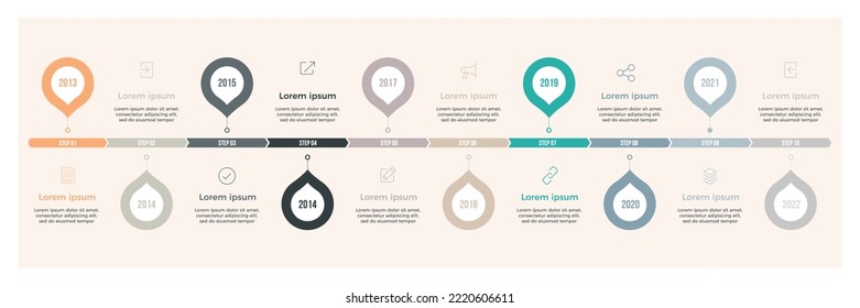 Kreatives infographisches Timeline-Design mit 10 Schritten. Farbige Zeitleiste mit Vektorgrafik-Geschäftsvorlage