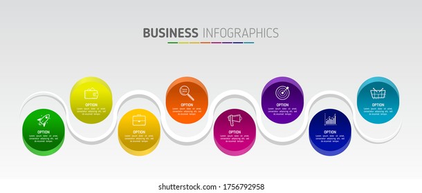 Creative infographic vector illustration in the form of wave with 8 options and icons on the background. Art design info graphics business template. Abstract concept graphic workflow layout, presentat