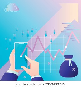 Infografía creativa de la gráfica del ascenso y la caída a la bolsa de dinero contra el fondo de la flecha hacia arriba de las velas de corredores de bolsa. Vector para describir SMM y banners